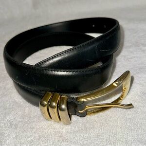 Vintage Milos Black Leather Belt Made in Italy Gold Buckle Size Medium 90s
